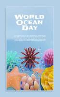 modèle d'affiche de la journée mondiale de l'océan avec illustration 3d d'oursin