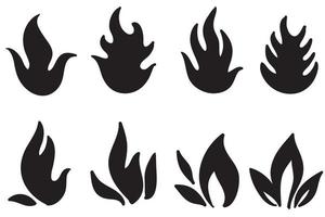 collection d'icônes de feu dessinées à la main. jeu de vecteurs d'icônes de flammes de feu. feu de croquis de doodle dessinés à la main, dessin noir et blanc. symbole de feu simple. vecteur