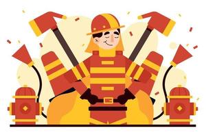 jour du pompier souriant avec uniforme et arrière-plan de bouches d'incendie et de haches