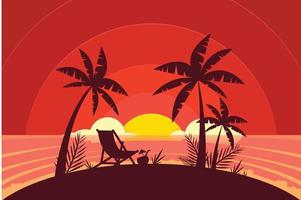 coucher de soleil coloré sur l'île tropicale. belle plage de l'océan avec illustration de palmiers, paysage panoramique plat de dessin animé, coucher de soleil avec les palmiers sur fond coloré
