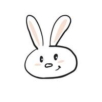 style de doodle de visage de lapin mignon dessiné à la main, illustration vectorielle isolée sur fond blanc. animal souriant aux joues et aux oreilles colorées, personnage de lapin vecteur