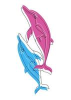 dauphins. couple de dauphins bleu-rose tombe amoureux. illustration de croquis romantique de bel élément décoratif. vecteur