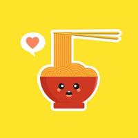 personnage de bol de ramen mignon et kawaii dans un style plat. nouilles avec illustration de personnage de dessin animé de baguettes avec emoji et expression. peut utiliser pour restaurant, resto, mascotte, chinois. japonais, asiatique vecteur