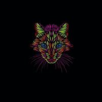 chat lynx léopard panthère tigre ligne pop art potrait logo design coloré avec fond noir foncé