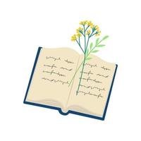 livre ouvert avec des fleurs, manuel avec texte, illustration vectorielle. isoler, style plat vecteur