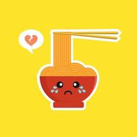 personnage de bol de ramen mignon et kawaii dans un style plat. nouilles avec illustration de personnage de dessin animé de baguettes avec emoji et expression. peut utiliser pour restaurant, resto, mascotte, chinois. japonais, asiatique vecteur