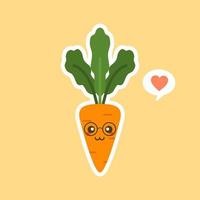 kawaii mignon personnage de dessin animé de carotte. Caricature de carottes dans un style plat, joli personnage souriant pour une affiche d'aliments sains, mode de vie écologique zéro déchet, alimentation végétarienne, menu de restaurant, logo de café, végétalien