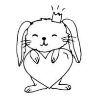 lapin amoureux, illustration d'art en ligne avec une fine ligne noire. lapin d'illustration linéaire noir et blanc avec des coeurs. illustration de dessin au trait romantique vecteur