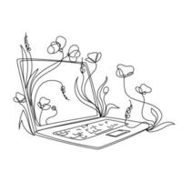 ordinateur portable avec plantes et fleurs contours illustration vectorielle.plantes poussant à partir d'un croquis blanc noir pour ordinateur portable.concept de technologie numérique et de la nature vecteur