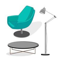 ensemble de mobilier d'intérieur moderne fauteuil, lampe, illustration vectorielle de table basse dans un style plat isolé vecteur