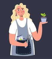 une femme admire une plante une jeune plante une agricultrice jardinière faisant du travail et un passe-temps agricole illustration vectorielle isolée vecteur