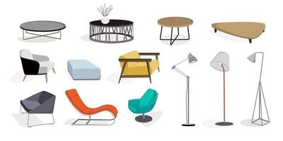 ensemble de meubles d'intérieur moderne fauteuil, lampe, illustration vectorielle de canapé table basse dans un style plat isolé vecteur