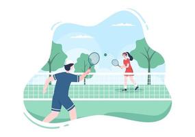 joueur de tennis avec raquette à la main et balle sur le terrain. personnes faisant un match de sport en illustration de dessin animé plat vecteur