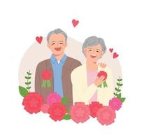 parents âgés portant des broches d'oeillets et souriant joyeusement. vecteur