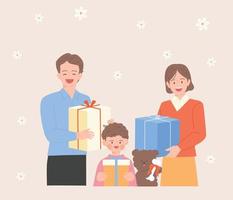 papa, maman et petit fils sont debout avec des coffrets cadeaux. illustration vectorielle de style design plat. vecteur