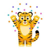 mignons petits personnages de tigre avec des confettis isolés. heureux cub dessin animé rayé tigre rouge. vecteur