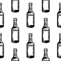 modèle sans couture de bouteille d'alcool monochrome sur fond blanc. bouteilles de soju géométriques vecteur