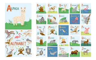 alphabet d'animaux mignons pour l'éducation des enfants de a à z. police vectorielle enfantine pour enfants livre abc avec des personnages animaux dessinés à la main vecteur