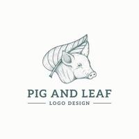 logo dessiné à la main cochon et feuille vecteur