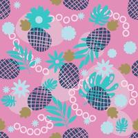 joli motif tropical sans couture avec ananas, feuille de palmier, fleur, tache, cercle. abstrait coloré avec des fruits exotiques, feuillage de palmier. vecteur