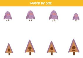 jeu d'association pour les enfants d'âge préscolaire. associez les oiseaux et les nichoirs par taille. vecteur