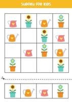 jeu de sudoku éducatif avec de jolis pots de fleurs et des arrosoirs pour les enfants. vecteur