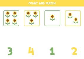 jeu de comptage pour les enfants. comptez tous les tournesols et associez-les aux chiffres. feuille de travail pour les enfants. vecteur