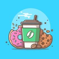 café, biscuits et illustration d'icône de vecteur de dessin animé de beignet. concept d'icône de nourriture et de boisson isolé vecteur premium. style de dessin animé plat
