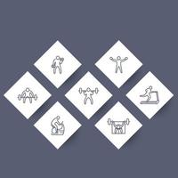 salle de sport, exercices de fitness, entraînement, icônes de ligne, pictogrammes, ensemble rhombique en gris et blanc, illustration vectorielle vecteur