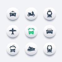icônes de transport de passagers, vecteur de transport public, bus, métro, tram, taxi, avion, bateau, ensemble d'icônes modernes rondes, illustration vectorielle