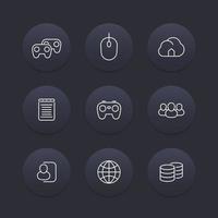 icônes de ligne de jeux vidéo, coopératif, multijoueur, jeu de console vidéo, pictogrammes, ensemble d'icônes rondes sombres, illustration vectorielle vecteur