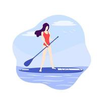 fille sur une planche de sup avec pagaie, vecteur