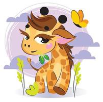 un mignon petit bébé girafe mâche une brindille. illustration préscolaire pour enfants. vecteur