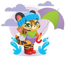 un joli bébé tigre marche à l'extérieur sous un parapluie. illustration préscolaire pour enfants. vecteur
