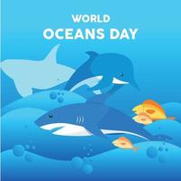requin, dauphin et méduse dans l'océan. journée mondiale de l'océan. illustration vectorielle colorée.