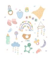 ensemble d'accessoires pour bébé dessinés à la main. tétines, hochets, rongeurs. jolis éléments de décoration pour enfants