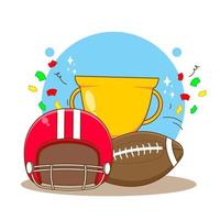 mignon football américain rugby, casque et trophée illustration de dessin animé chibi vecteur