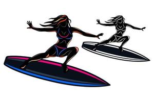 Surf femme nager sur planche de surf silhouette isolé fond blanc vecteur