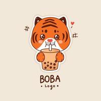 dessin animé mignon de tigre buvant du thé au lait de boba. caricature de logo vecteur