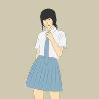 illustration vectorielle d'une fille asiatique portant l'uniforme scolaire en style cartoon plat vecteur