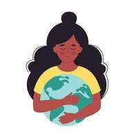 femme noire étreignant le globe terrestre. jour de la terre, sauver la planète vecteur