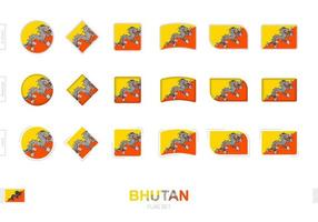 ensemble de drapeaux du bhoutan, drapeaux simples du bhoutan avec trois effets différents. vecteur
