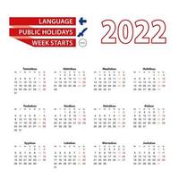 calendrier 2022 en langue finnoise avec jours fériés le pays de finlande en 2022. vecteur