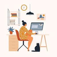femme travaillant à son bureau à la maison. elle a beaucoup de travail. femme travaillant avec un ordinateur portable à son bureau et testant l'interface utilisateur et l'ux. illustration vectorielle d'étudiant étudiant à la maison.