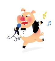 illustration d'un cochon avec un microphone et dans un manteau de queue. vecteur. artiste de chansons populaires en costume de cochon. mascotte pour club de musique, café, karaoké. image de dessin animé lumineuse. vecteur