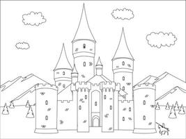 château fantastique dans les montagnes. illustration vectorielle noir et blanc pour livre de coloriage vecteur