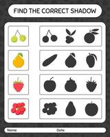 trouver le bon jeu d'ombres avec des fruits. feuille de travail pour les enfants d'âge préscolaire, feuille d'activité pour enfants vecteur