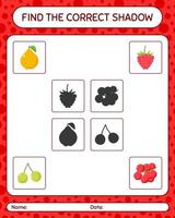 trouver le bon jeu d'ombres avec des fruits. feuille de travail pour les enfants d'âge préscolaire, feuille d'activité pour enfants vecteur