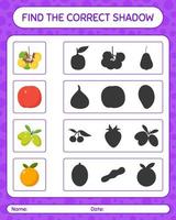 trouver le bon jeu d'ombres avec des fruits. feuille de travail pour les enfants d'âge préscolaire, feuille d'activité pour enfants