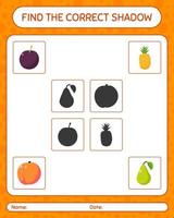 trouver le bon jeu d'ombres avec des fruits. feuille de travail pour les enfants d'âge préscolaire, feuille d'activité pour enfants vecteur